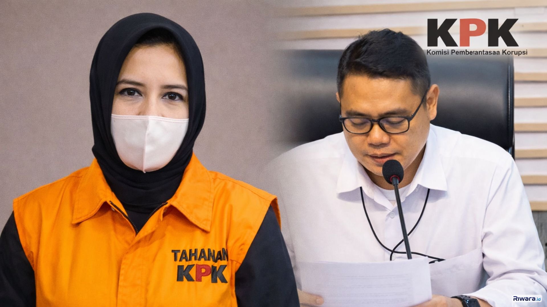 Kolase Ilustrasi Suasana konferensi pers KPK terkait penetapan tersangka dugaan korupsi proyek pengadaan di Kabupaten Pekalongan.